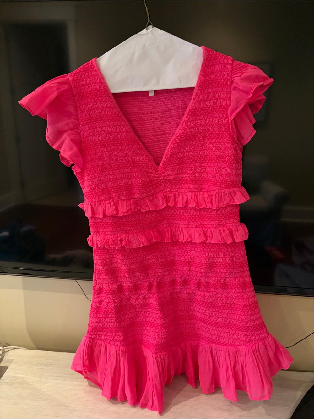 LoveShackFancy Hot Pink Ruffle Tiered V‑Neck Dress